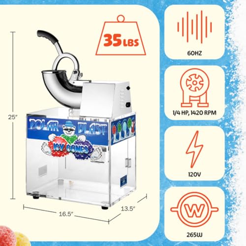 Polar Blast Snow Cone Machine - Acrylic Crushed Ice Maker Grinds Up to 500lbs of Ice Per Hour for Parties, Events, and More by Great Northern Popcorn