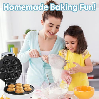 Mini Donut Maker- Electric Non-Stick Surface Makes 7 Small Doughnuts- Decorate, Frost, Ice Your Own for Kid Friendly Baked Dessert Treat - Cooking Activity for Adults with Recipe Guide, Easy Bake Gift