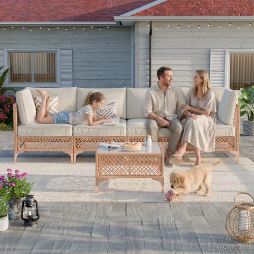 Vikiullf Patio Conversation Set, 5 Piece Outdoor Sectional Sofa Set with Coffee Table, Wicker Bistro Set with Thick Cushions, for Garden, Backyard, Poolside (Beige)