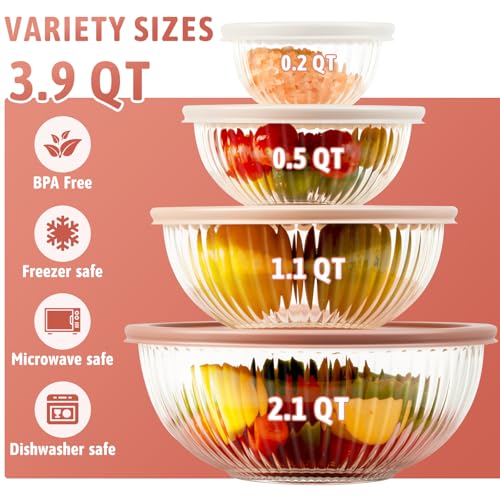 Freshmage Glass Mixing Bowls with Lids Sets, 4 Packs Glass Bowls with Lids for Kitchen Baking, Meal Prepping and Salad, Bpa Free and Dishwasher Safe Serving Bowls, 0.2/0.5/1.1/2.1