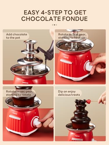 Reemix Electric Chocolate Fondue Fountain Machine - 3-Tier Stainless Steel Cascading Fountain, Easy Assembly & Cleaning, Party/Wedding/Home Dessert Maker, Red