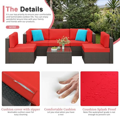 6 Pieces Patio Furniture Set Outdoor Couch Wicker Sectional Sofa, Red