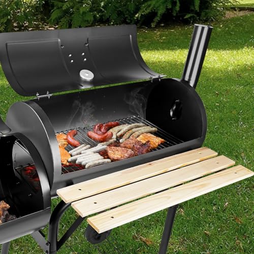 HALNYHYFD Charcoal Grills with Offset Smoker & Thermometer, Barrel BBQ Grill & Smoker Combo, Spacious Barbecue Grill for Outdoor Backyard Camping Parties