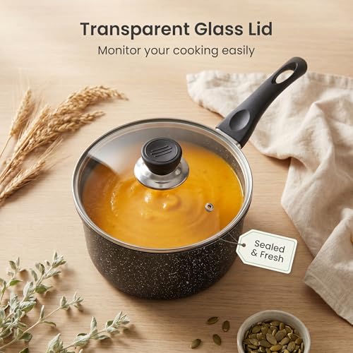 2 Quart Saucepan with Lid, Sauce Pan with Nonstick Swiss Granite Coating, Small Saucepot with Detachable Handle Multipurpose Induction Compatible