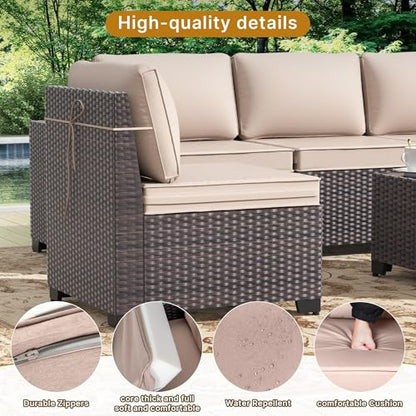 Gotland 7 Pieces Patio Furniture Set with 55000BTU Fire Pit Table, Wicker Patio Set with Wide Armrests 29.5'' High Backrest Thick Cushions 1 Coffee Table, Outdoor Furniture for Porch Deck Khaki
