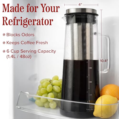 Cold Brew Coffee Maker Pitcher - 1.4L/48oz Glass Carafe with Lid and Spout and Removable Stainless Steel Filter - Cold Brew Maker and Iced Tea Pitcher for Fridge by Classic Cuisine