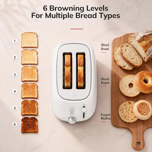 Keenstone 2 Slice Toaster, Retro Stainless Steel Kitchen Essentials, White