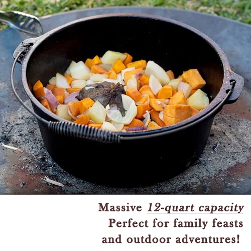 Cuisiland 12 Quart Cast Iron Dutch Oven with Dome Lid & Bail Handle – Pre-Seasoned Large Campfire Pot for Outdoor Cooking, Roasting, Baking & Stews – Heavy-Duty Cookware with Even Heat Distribution