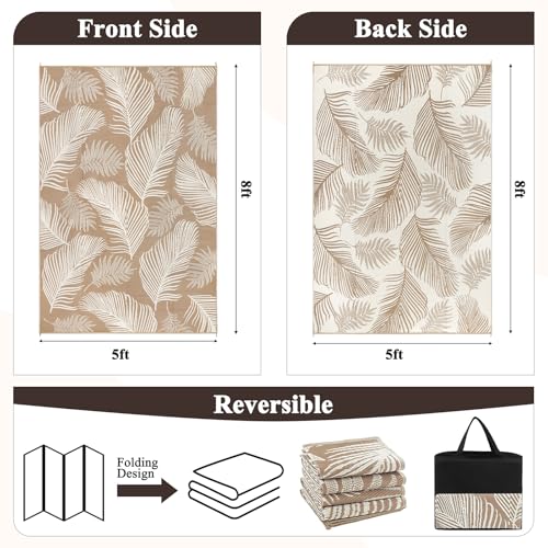 Pauwer Waterproof Outdoor Rug 5x8, Reversible Plastic Straw Patio Camping Rug, Indoor Outdoor RV Mat Carpet for Deck, Camper, Porch, Balcony, Backyard, Picnic, Leaf Brown