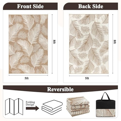 Pauwer Waterproof Outdoor Rug 5x8, Reversible Plastic Straw Patio Camping Rug, Indoor Outdoor RV Mat Carpet for Deck, Camper, Porch, Balcony, Backyard, Picnic, Leaf Brown