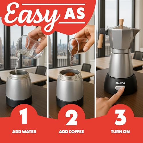 Gourmia Electric Moka Pot Espresso Maker – 6 Shot Italian-Style Coffee Brewer, 550W Detachable 360° Cordless Base, Food-Grade Aluminum, Beechwood Handle