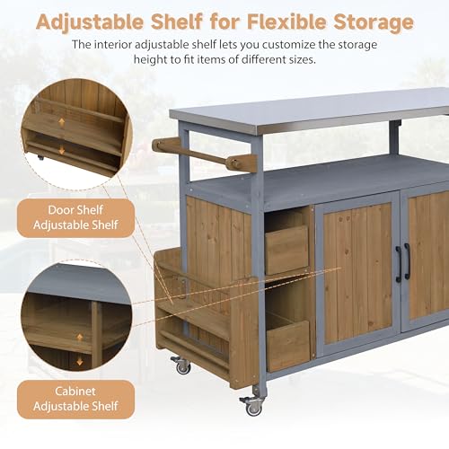 Christopher Knight Home Edsel Outdoor Bar Cart with Stainless Steel Top and Lockable Wheels, Solid Wood Outdoor Storage Cabinet, Kitchen Island Serving Cart for Poolside, Walnut Brown+Blue Gray