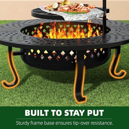 43 Inch Fire Pit with 2 Grill, Outdoor Wood Burning Firepit with Lid, Metal Round Table for Backyard Patio Garden Picnic Camping Bonfire