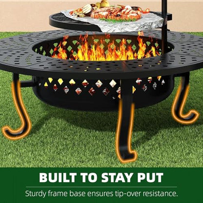 43 Inch Fire Pit with 2 Grill, Outdoor Wood Burning Firepit with Lid, Metal Round Table for Backyard Patio Garden Picnic Camping Bonfire