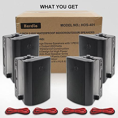 Herdio Passive Outdoor Speakers Wired Waterproof, 4 Inches 2-Way 400W Wall Mounted Speakers with Dome Tweeter, All-Weather Durability, for Patio Porch Backyard (2Pairs, Black)