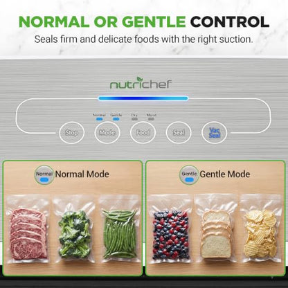 NutriChef Automatic Vacuum Air Sealing System for Food Preservation with Starter Kit, Compact Design, Lab Tested, Dry & Moist Food Modes with Led Indicator Lights, Silver