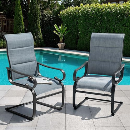 NUU GARDEN Set of 2 Padded Textilene Patio Dining Chairs C Spring Outdoor Chairs with Curved Armrests Powder Coated Metal Frame Patio Furniture for Garden Backyard Poolside Lawn Blue and Black