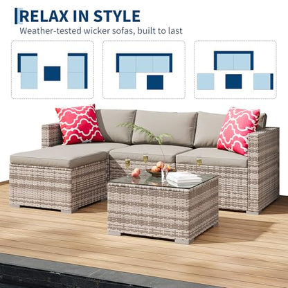 GAOMON 5-Piece All-Weather Patio Furniture Set, Convertible Outdoor Sectional Sofa with Ottoman & Tempered Glass Table, PE Rattan Conversation Set for Garden, Backyard, Porch, Poolside