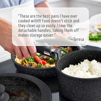GreenLife 10 Piece Nonstick Pots & Pans Set, Detachable Handle & Stackable Cookware Set, Non Toxic PFAS-Free Skillets, Induction Kitchen Pans, Space Saving, Serving Bowls, Oven Safe, Granite Black