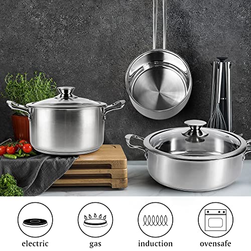 ASKSCICI 6-Piece Stainless Steel Cookware Set, Induction Pots and Pans Set with Glass Lids, Non-Toxic Kitchen Set for Gas/Electric/Induction, Oven & Dishwasher Safe