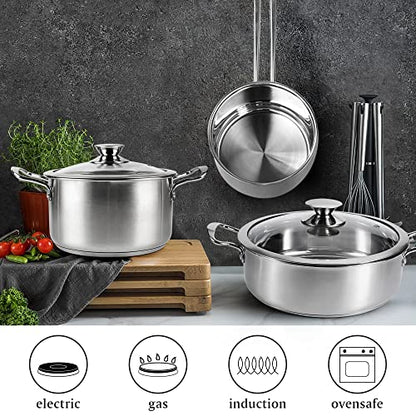 ASKSCICI 6-Piece Stainless Steel Cookware Set, Induction Pots and Pans Set with Glass Lids, Non-Toxic Kitchen Set for Gas/Electric/Induction, Oven & Dishwasher Safe