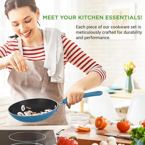 NutriChef 11 Pc Pots and Pans Set - Non Stick Cookware Set with Ceramic Coating, Ergonomic Handles, Induction Ready, Includes Saucepan, Dutch Oven, Large & Small Fry Pans - Royal Blue