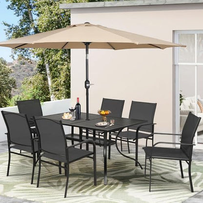 Crownland 7 Piece Patio Dining Set, Textilene Dining Sets, 6 Textilene Metal Chairs and Rectangular Outdoor Dining Table with Khaki 9FT Round Outdoor Umbrella (Black)