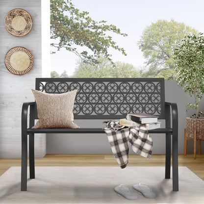 On Shine Outdoor Garden Bench Cast Iron Steel Outdoor Bench Clearance Weatherproof Metal Park Bench for Porch, Yard, Lawn, Deck (Four-Leaf Clover)