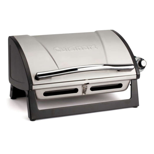 Cuisinart Grillster Portable Gas Grill, Stainless Steel Compact BBQ Grill with Locking Lid for Easy Transport, 8000 BTU Propane Grill with Dishwasher Safe Cooking Grate, Small Grill for Camping & BBQs