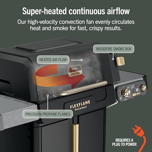 Ninja FlexFlame ProConnect Grill & Smoker | 5-in-1 Smart Cooking System | Electric & Propane | App-Connected | 3-Burner Digital Control | Roast, Griddle & Pizza Maker | Black/Gold | PG305