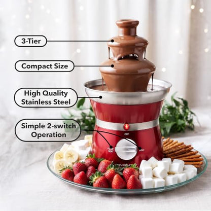 OVENTE 3 Tier Chocolate Fondue Fountain Machine, 6” x 6” x 9.4”, Red CFS73R