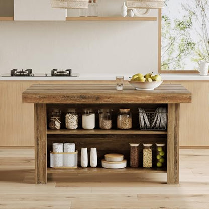 LITTLE TREE 55 Inches Kitchen Island with Storage, 3-Tier Farmhouse Wooden Stationary Island Table with Large Worktop & Leg Room, Modern Coffee Bar Table with Storage Shelf for Kitchen, Rustic Brown