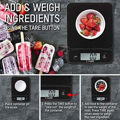 Taylor Glass Top Food Scale with Touch Controls, 11 lb Capacity, Sleek Black Design for Precision Food Measurement in Grams and Ounces