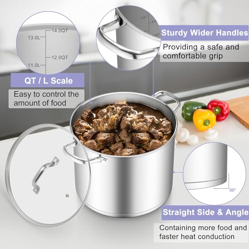 TeamFar Stainless Steel Stock Pot, 14QT Tri-ply Bottom Stockpot Large Cooking Soup Pot with Lid, for Induction Gas Electric Glass Tops, Non Toxic & Sturdy, Straight Sidewall & Various Stovetops Safe