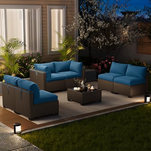 LOUVIXA 7 Piece Outdoor Patio Furniture Set, Outdoor Sectional Sofa, Wicker Rattan Patio Furniture, Patio Conversation Set with Coffee Table & Cushions