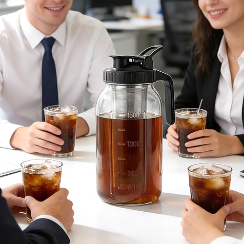 Cold Brew Coffee Maker 32 Oz Wide Mouth Mason Jar Pitcher With stainless steel Filter 1 Quart Airtight & Leak-Proof cold brew pitcher with pour spout lid and handle For iced Coffee Tea and lemonade
