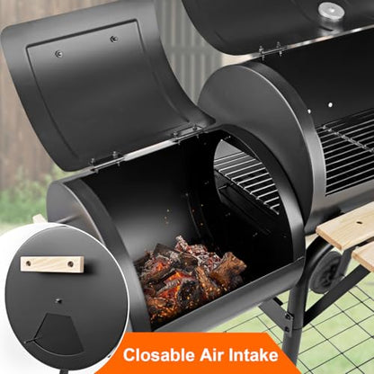 HALNYHYFD Charcoal Grills with Offset Smoker & Thermometer, Barrel BBQ Grill & Smoker Combo, Spacious Barbecue Grill for Outdoor Backyard Camping Parties