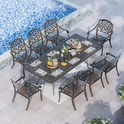 Grepatio 9 Piece Cast Aluminum Patio Furniture Set Outdoor Dining Set Bistro Furniture Set with 8 Armchairs and Dining Table, 8 Cushions for Backyard Garden Poolside (Without Cushion)