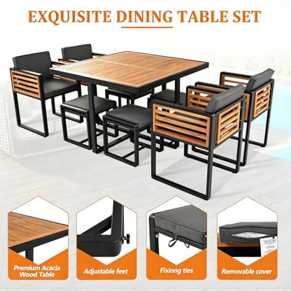 Merax 18-Piece Patio Dining Set for 16 People, Acacia Wood Outdoor Furniture Sets with 2 Square Tables, 8 Cushioned Chairs and 8 Ottomans for Backyard, Garden, Lawn, Poolside, Space Saving Design,Gray