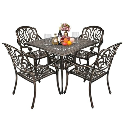 VINGLI 5 Pieces Outdoor Patio Dining Set, Cast Aluminium Patio Furniture Set with 4 Chairs and 1 Umbrella Table for Yard, Garden, Porch and Poolside, Bronze
