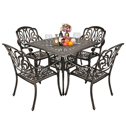 VINGLI 5 Pieces Outdoor Patio Dining Set, Cast Aluminium Patio Furniture Set with 4 Chairs and 1 Umbrella Table for Yard, Garden, Porch and Poolside, Bronze