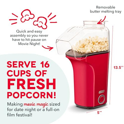 DASH Fresh Pop Popcorn Maker - Oil-Free, Air Popcorn Popper - With Measuring Cup & Recipe Guide - Perfect for Movie Nights - 16 Cups, Red
