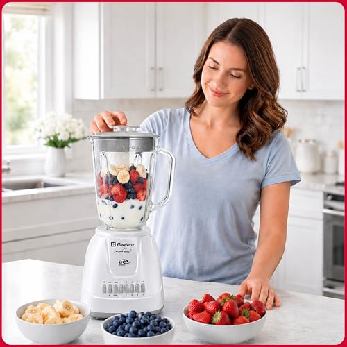 Koblenz LKM-5910 VB Glass Blender, 51 oz Countertop, 500W Motor, 10 Speed + 2 Pulse, Stainless Steel Blades, Metal Coupling, Blender for Smoothies and Shakes, White