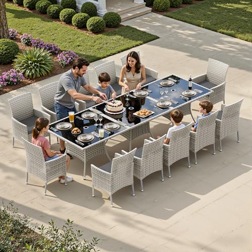 Muphyers 15-Piece Patio Dining Set, Patio Furniture Set with Square Tempered Glass Table & 12 Wicker Chairs, Expandable Design for Larger Groups, Outdoor Furniture for Backyard, Deck, Garden, Grey