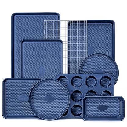 HONGBAKE 9-Piece Baking Pans Set Nonstick, Stackable Non Toxic Bakeware Sets with Diamond Texture, Oven Pan Set for Cooking, Includes Cookie Sheet with Rack, Cake Pan, Roasting Pan, Muffin Tin, Blue