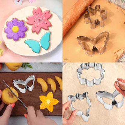 6 PCS Flower Cookie Cutters Set, Stainless Steel Flowers Cookie Cutters, Butterfly Cherry Blossom Tulip Daisy Shaped Baking Tools for Home Baking, Party Favors (Flower & Butterfly)