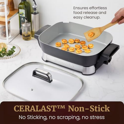 Elite Gourmet Stow-Away Ceramic Skillet, PFAS-Free Ceralast™, 1500W