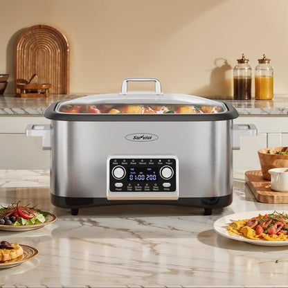 SUNVIVIPRO 12-in-1 Programmable Slow Cooker, 8 Quart Digital Multi-Cooker Food Warmer with Timer, Temp Control & Auto Shut Off, Removable Non-Stick Pot, Dishwasher-Safe Glass Lid, Stainless Steel