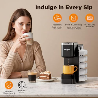 Tastyle Hot & Iced Coffee Maker with Magnetic K-Pod Organizer (Pods Not Included), Stores 10 Pods, 4-5 Cups Coffee Maker & Single-serve Brewer for K Cup & Grounds, 40oz Removable Water Tank, Black