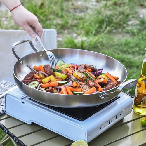 Inqibee 14-Inch Tri-Ply Stainless Steel Paella Pan,Large Skillet,Griddle Pan,Large Frying Pan,Jumbo Cooker,Induction Cookware,Dishwasher and Oven Safe.